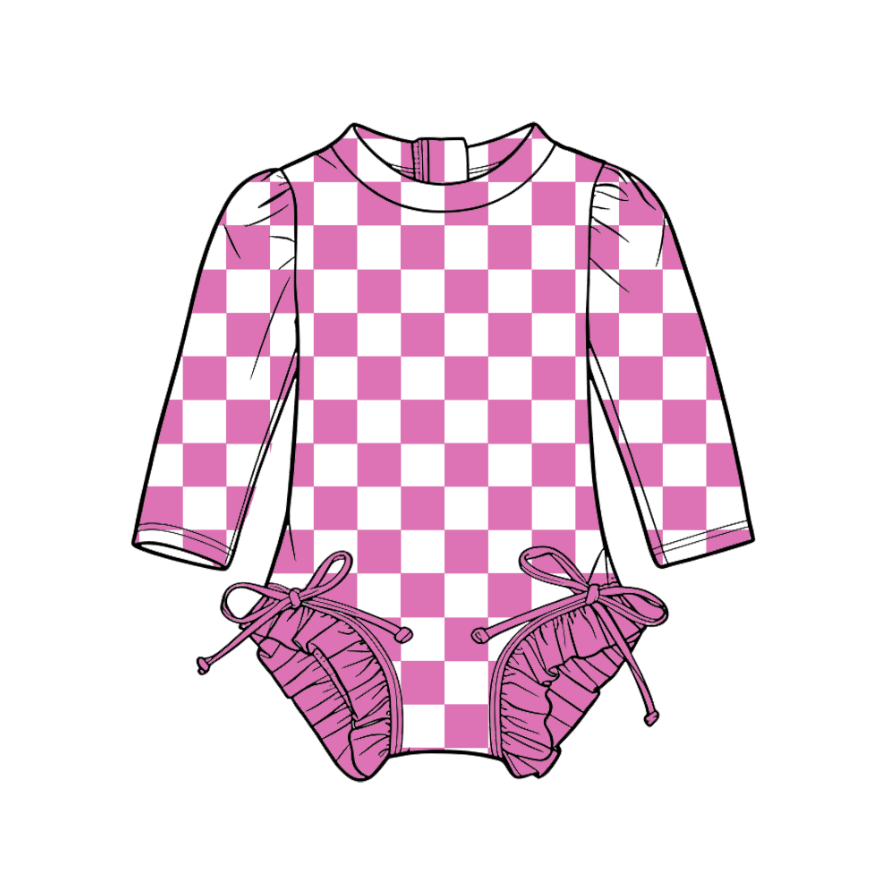 Custom moq 5 mix size milk silk summer teams Baby Girl's Pink Plaid Long-Sleeved Onesie Swimsuit