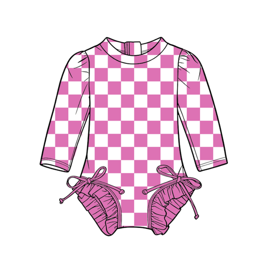 Custom moq 5 mix size milk silk summer teams Baby Girl's Pink Plaid Long-Sleeved Onesie Swimsuit