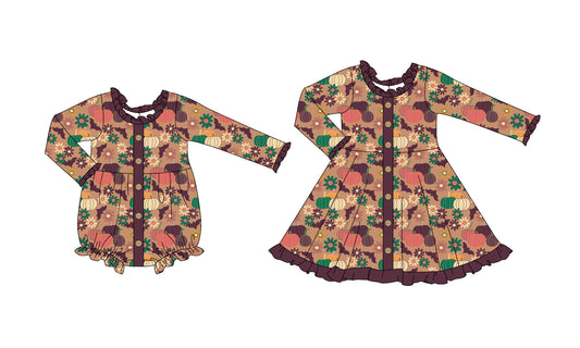 25.6.2 custom each style moq 5eta 4-6week Sibling Sisters pumpkin floral baby girl long sleeve dress and rompers match family design