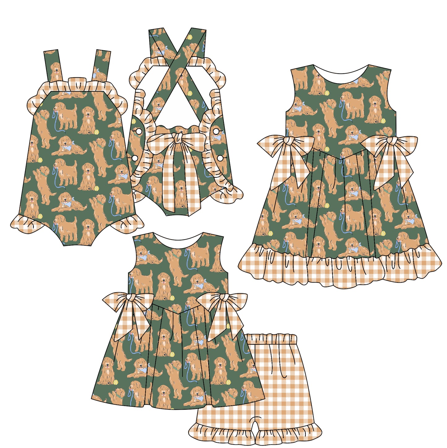 2.18 custom each style moq 5eta 4-6week Sibling Sisters puppy baby girl short sleeve shorts sets and dress and rompers match family design
