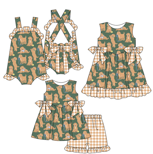 2.18 custom each style moq 5eta 4-6week Sibling Sisters puppy baby girl short sleeve shorts sets and dress and rompers match family design
