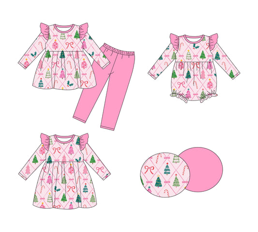 25.8.23 custom each style moq 5eta 4-6week Sibling Sisters Christmas trees bow baby girl long sleeve pants sets and dress and rompers match family design