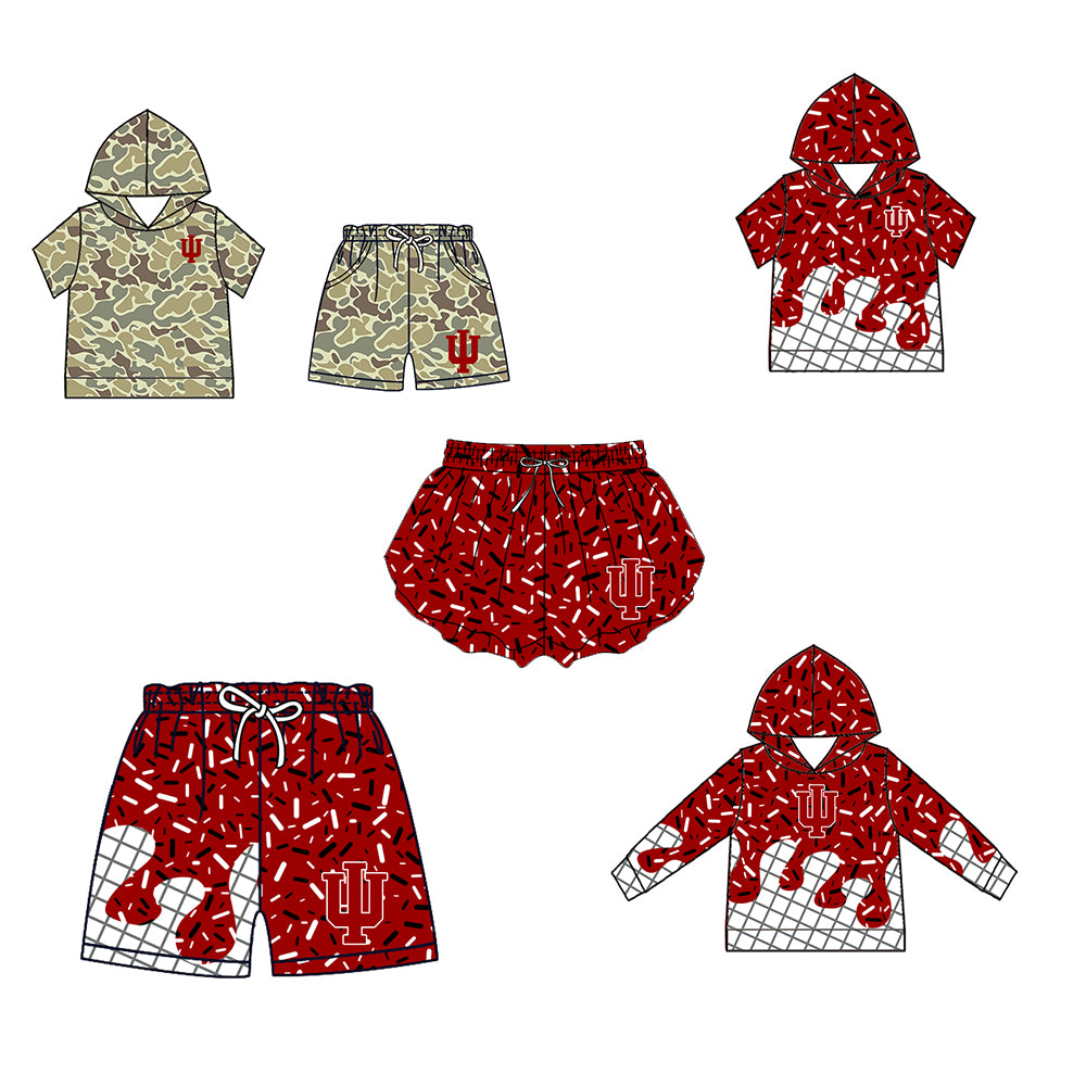Custom moq 5 mix size milk silk summer teams Camo Hooded Short Sleeve Top Shorts Set Ice Cream Drips Red Hooded Top with Matching Shorts For Kids