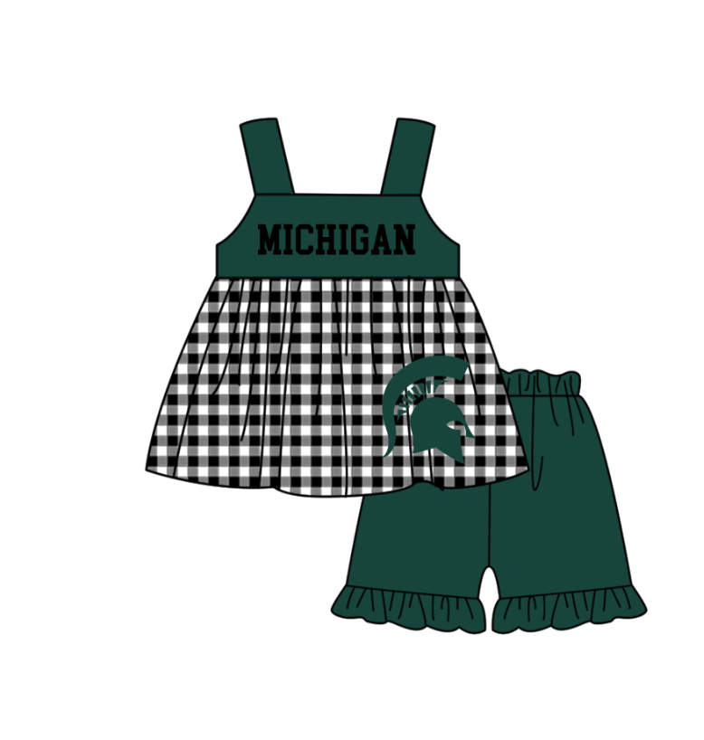 Custom moq 5 mix size milk silk summer teams baby girl boys clothes Green Black and white checkered short sleeve shorts sets 3 and dress and rompers 2 series