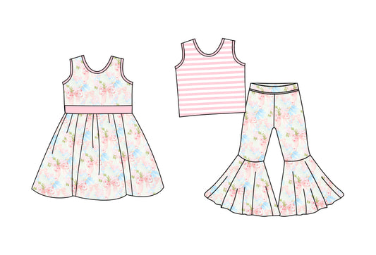 25.9.26 custom each style moq 8 eta 6-8week Sibling Sisters floral bow baby girl short sleeve pants sets and dress match family design