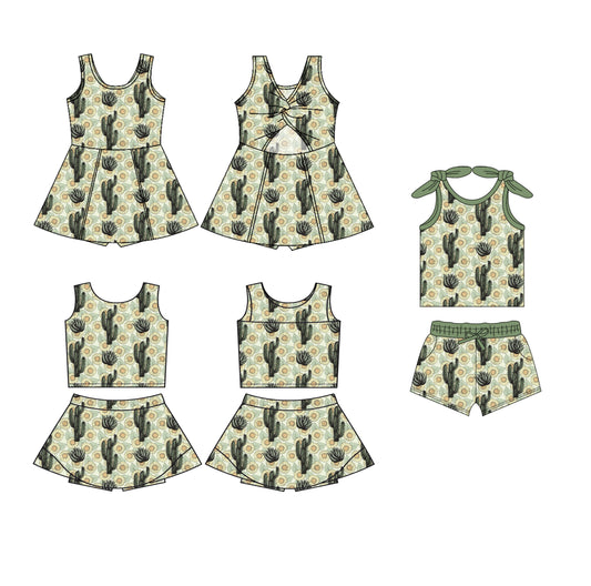 3.25 custom each style moq 5eta 4-6week Sibling Sister catcus baby girls clothes Short sleeve shorts sets and yoga dress 1 and dress 2 match family design