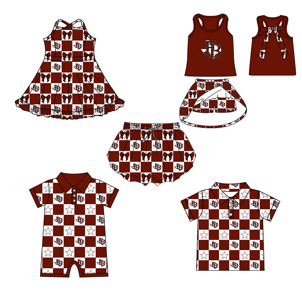 Custom moq 5 mix size milk silk summer teams Baby Girl Dark Red Sleeveless Top Skirts Set Dress And Shorts Yoga Outfit Boy's Short-Sleeved Polo Shirt And Romper