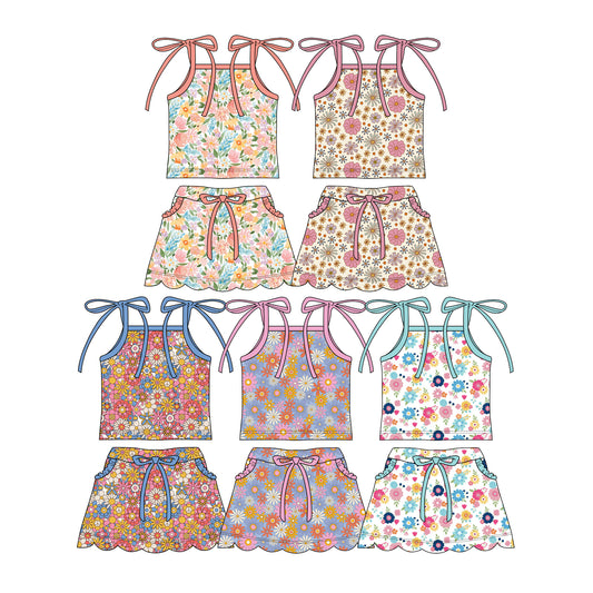 Custom moq 5 mix size Sibling Baby Girl Floral print Sleeveless Top And Skirt Set Cute Outfit for Little Ones
