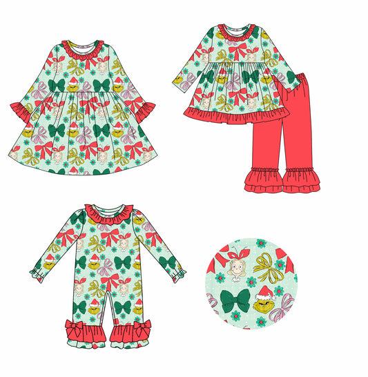 25.7.26 custom each style moq 5eta 4-6week Sibling Sisters Christmas bow baby girl long sleeve pants sets and dress and rompers match family design
