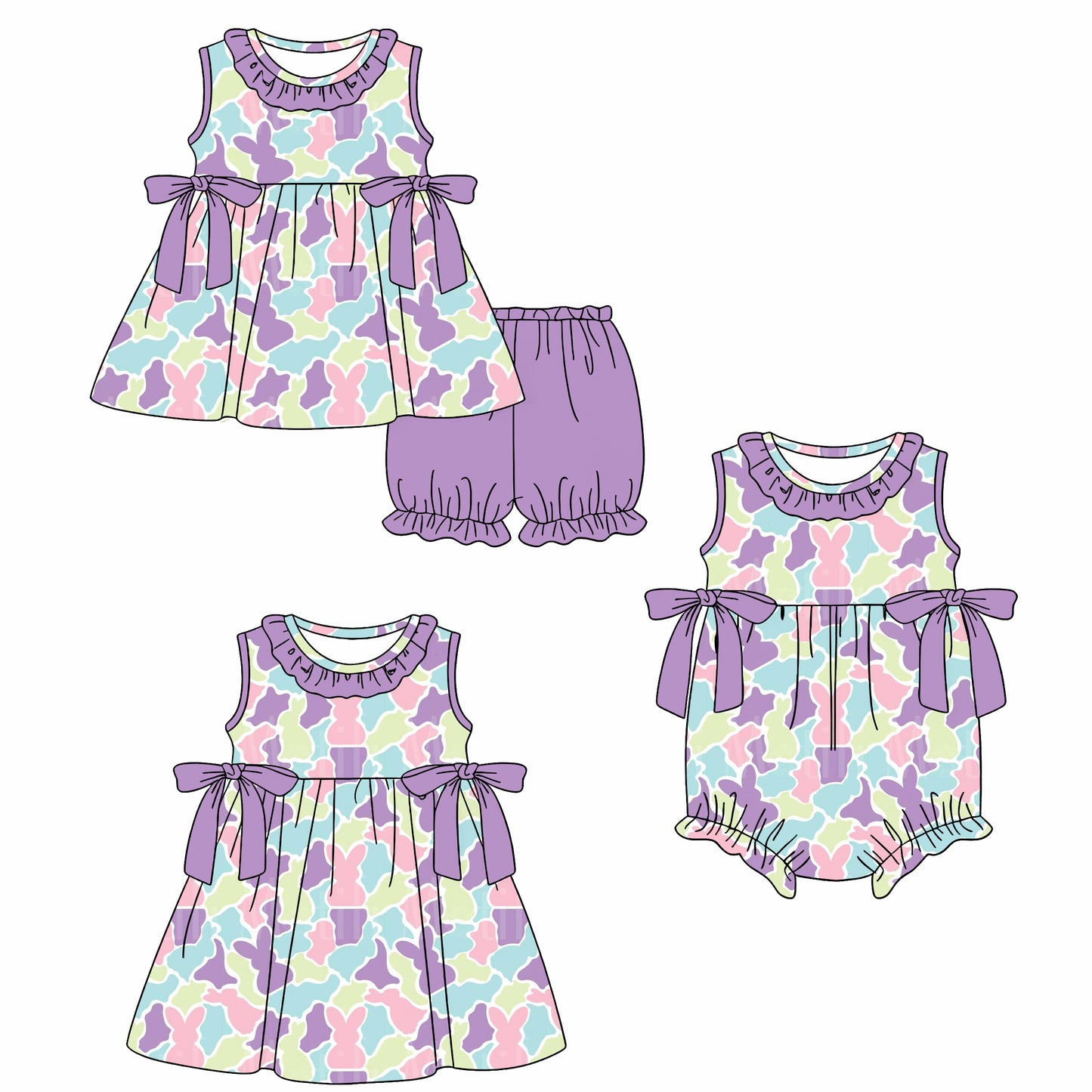 26.1.15 custom each style moq 5 eta 6-8week Sibling Sister camouflage bunny baby short sleeve shorts sets and romper and dress match design