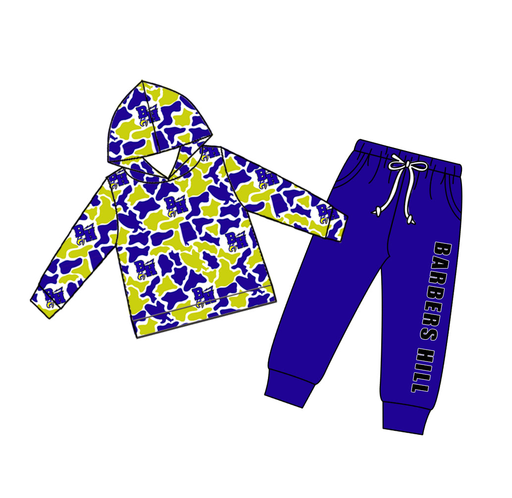 Custom moq 5 mix size teams Baby Boy Camouflage Long Sleeve Hoodie Top Drawstring Pants with Pockets Set