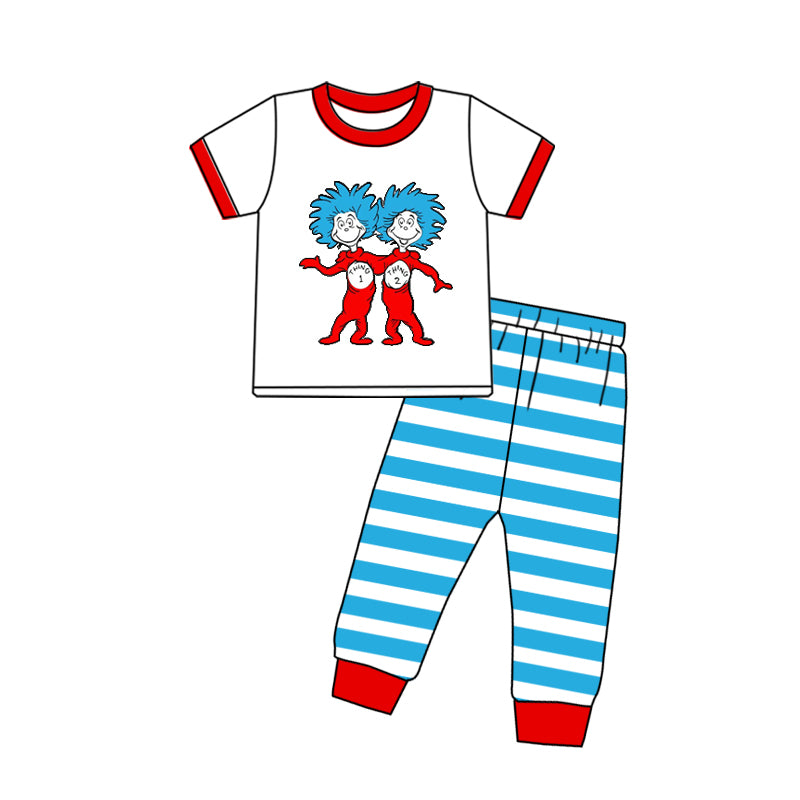 10.19 custom each style moq 5eta 4-6week baby boys clothes dr seuss short sleeve blue and white striped pants sets