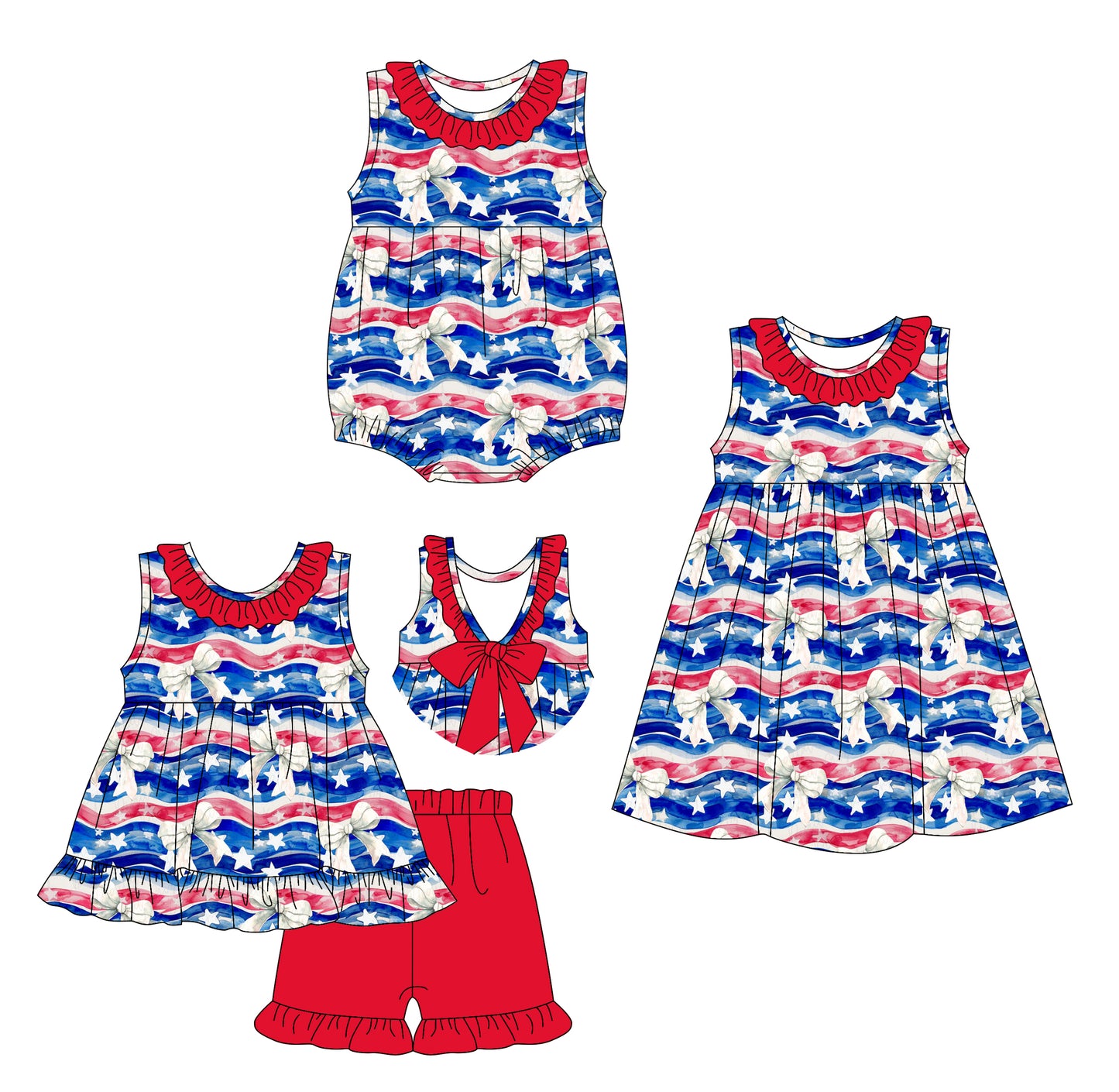 25.12.29 custom each style moq 5 eta 6-8week Sibling Sister bow baby short sleeve shorts sets and romper and dress match design