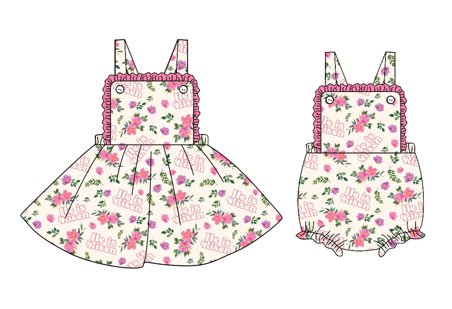 25.9.25 custom each style moq 8 eta 6-8week Sibling Sisters He is risen baby girl short sleeve dress and rompers match family design
