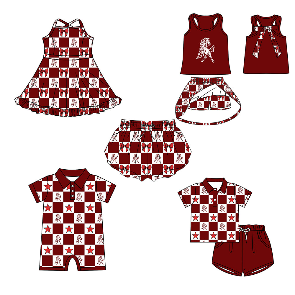 Custom moq 5 mix size milk silk summer teams Checked Bows Red Baby Girl Sleeveless Top Skirt Short Set Dress And Shorts Yoga Outfit Boy's Top Shorts Set Romper