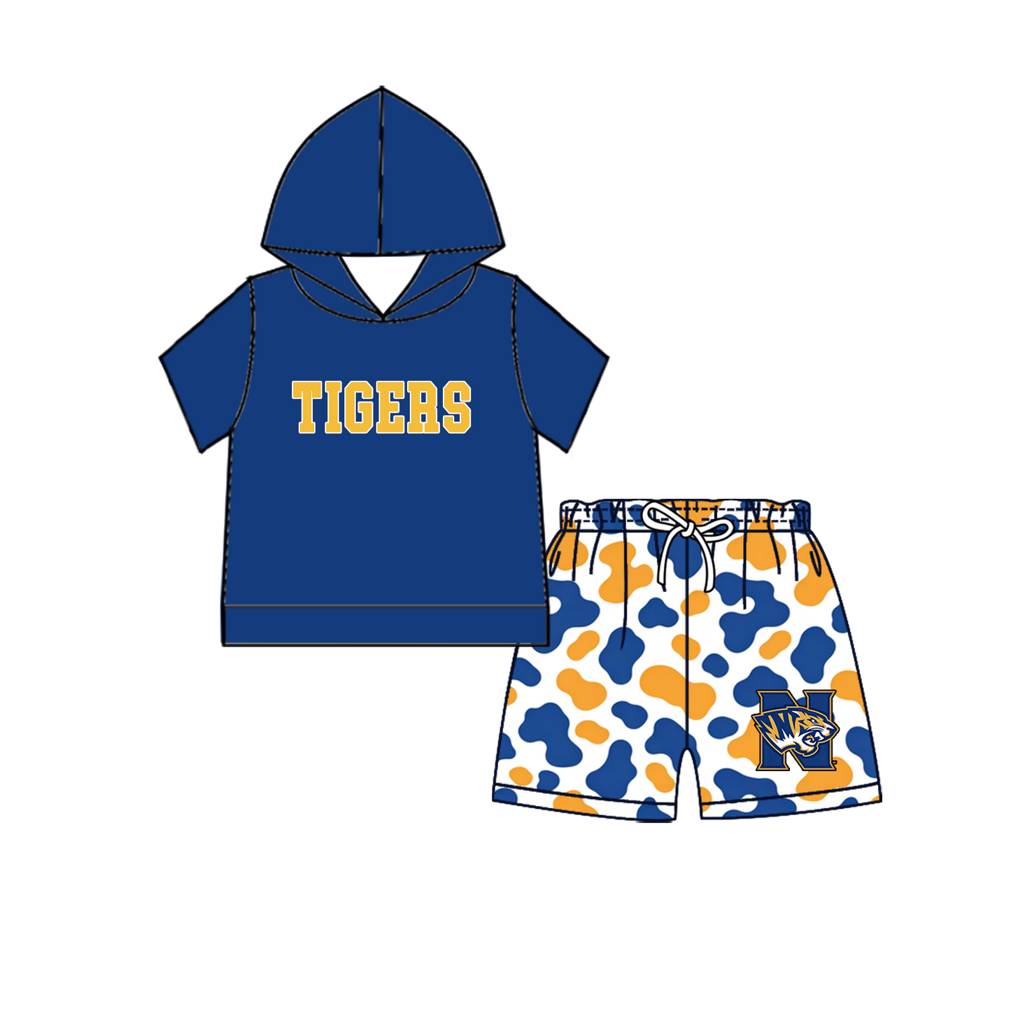 custom moq 5 mix size MSD070906 Baby Kids Short Sleeve Hooded Top And Camo Elastic Waist Shorts Clothes Set