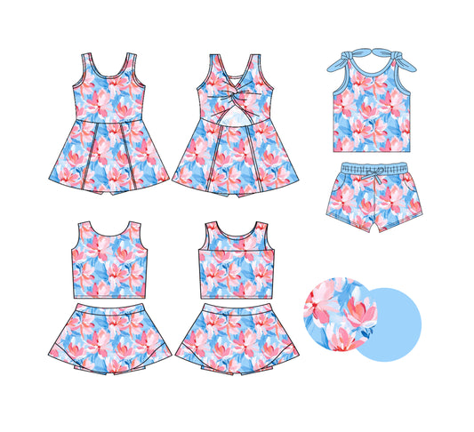 25.6.12 custom each style moq 5eta 4-6week Sibling Sister floral baby girl short sleeve shorts sets and skirts sets and dress match design