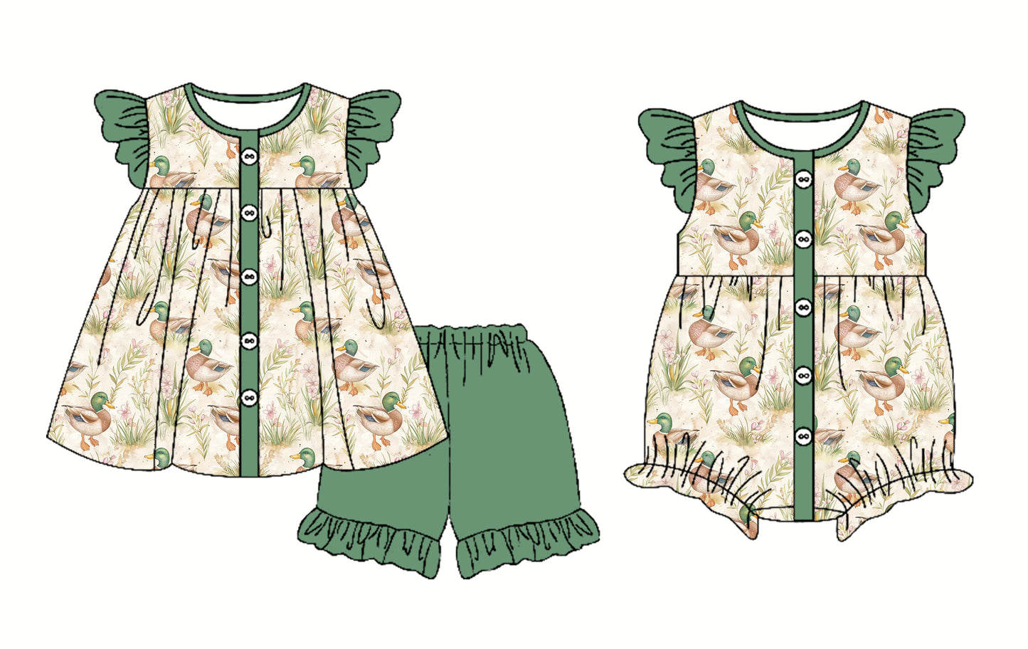 2.25 custom each style moq 5eta 4-6week Sibling Sister duck baby girl short sleeve shorts sets and romper match design