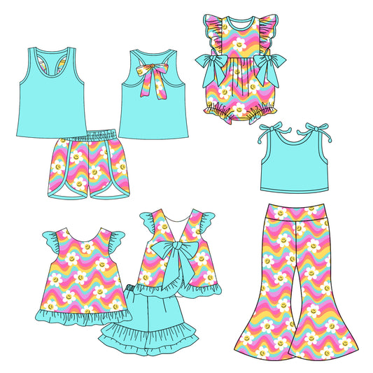 4.23 custom each style moq 5eta 4-6week Sibling Sisters rainbow floral baby girl short sleeve shorts sets 1 and sets 2 and pants sets and rompers match family design
