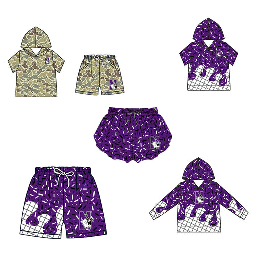 Custom moq 5 mix size milk silk summer teams Camo Hooded Short Sleeve Top Shorts Set Ice Cream Drips Purple Hooded Top with Matching Shorts For Kids