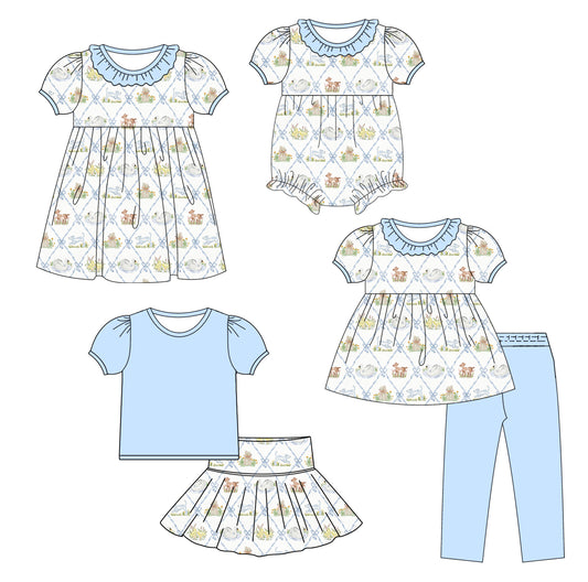 25.10.9 custom each style moq 8 eta 6-8week Sibling Sisters bow baby girl short sleeve pants sets and skirts sets and dress and rompers match family design