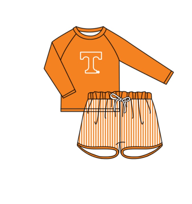 Custom moq 5 mix size milk silk summer teams baby girl boys clothes Orange Two-Piece Swimsuit Set One Piece Swimsuits boy swim trunks