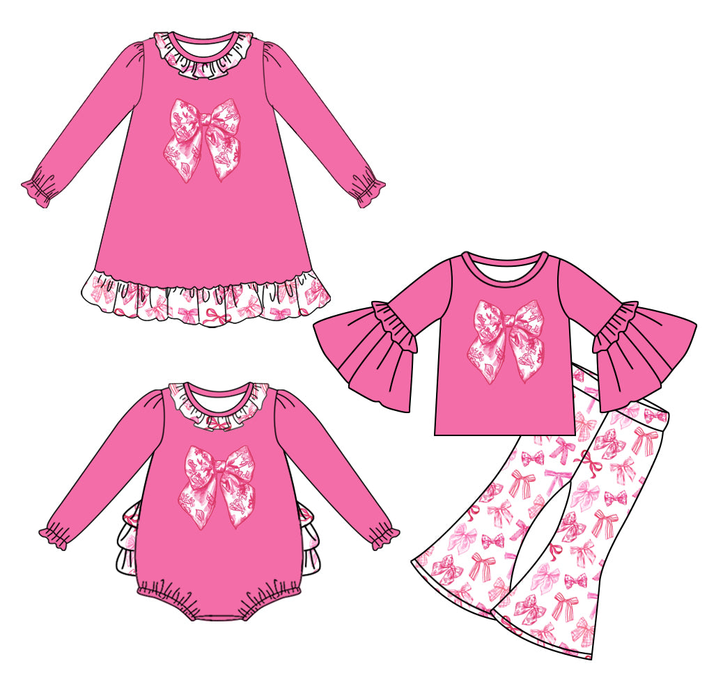 25.7.18 custom each style moq 5eta 4-6week Sibling Sisters bow pink baby girl long sleeve pants sets and dress and rompers match family design