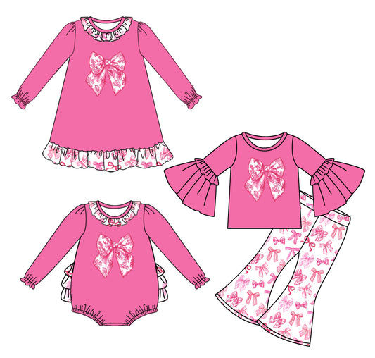 25.7.18 custom each style moq 5eta 4-6week Sibling Sisters bow pink baby girl long sleeve pants sets and dress and rompers match family design