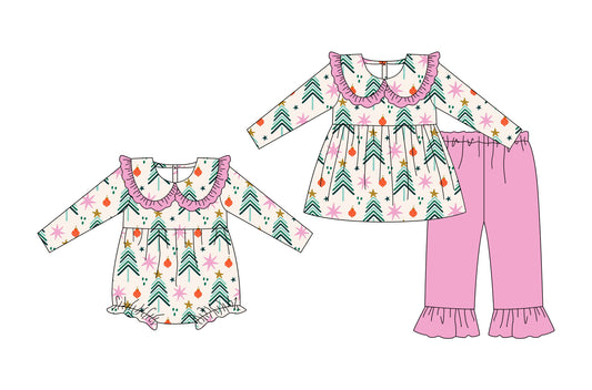 25.5.15 custom each style moq 5eta 4-6week Sibling Sisters Christmas trees baby girl long sleeve pants sets and rompers match family design