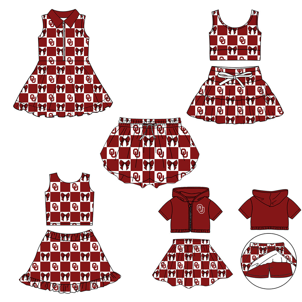 Custom moq 3 or 5 mix size milk silk summer teams baby girl clothes bow dark red sleeveless skirts sets 3 and dresss and shorts-26.1.24