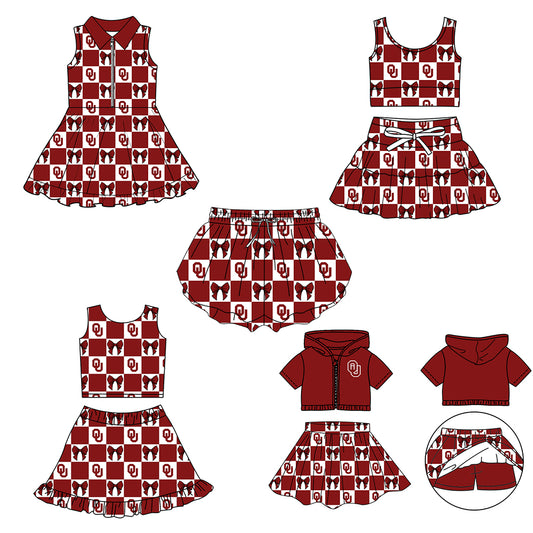 Custom moq 3 or 5 mix size milk silk summer teams baby girl clothes bow dark red sleeveless skirts sets 3 and dresss and shorts-26.1.24