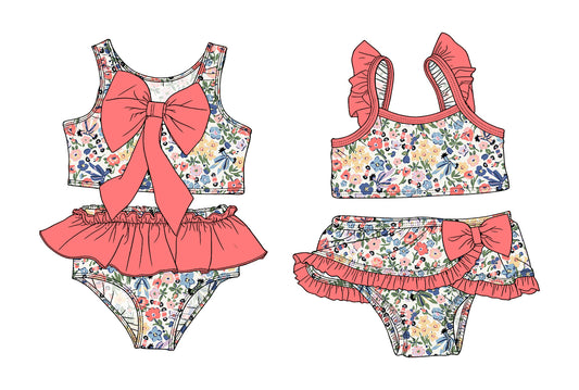 3.14 Custom moq 5 mix size Sibling Baby Girls Sleeveless Colorful Flowers Top With Bow Bummies Two-Piece Set Infant Swimwear