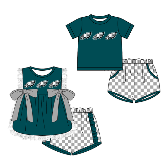 Custom moq 5 mix size milk silk summer teams Green  Girl Sleeveless Top And Plaid Shorts Set with Bow Boy Short Sleeved Top And Plaid Shorts Set