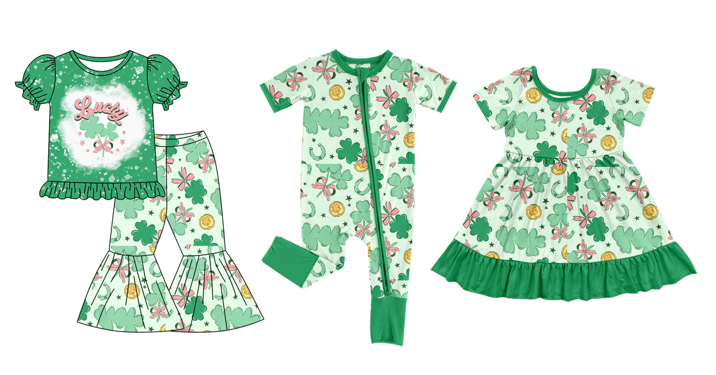 12.7 custom each style moq 5eta 4-6week Sibling Sister LUCKY baby girl sets and dress and rompers match family design