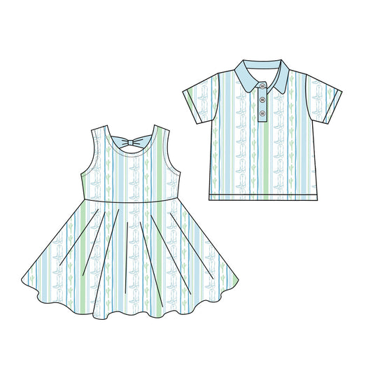 3.5 Custom moq 5 mix size Sibling Striped Sleeveless Knee-Length Dress for Girl Matching Short-Sleeved Polo Shirt for Boy