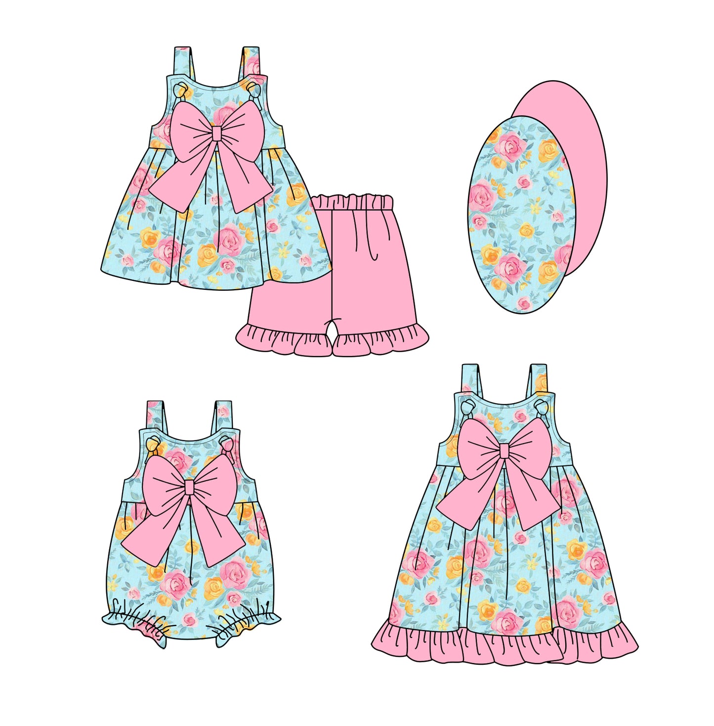 1.13 custom each style moq 5eta 4-6week Sibling Sisters floral baby girl short sleeve shorts sets and dress and rompers match family design