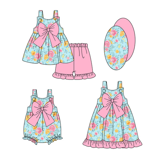 1.13 custom each style moq 5eta 4-6week Sibling Sisters floral baby girl short sleeve shorts sets and dress and rompers match family design