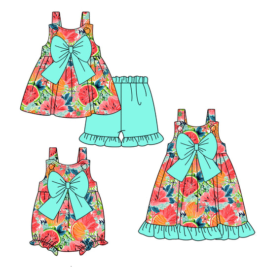 2.20 custom each style moq 5eta 4-6week Sibling Sisters watermelon baby girl short sleeve shorts sets and dress and rompers match family design