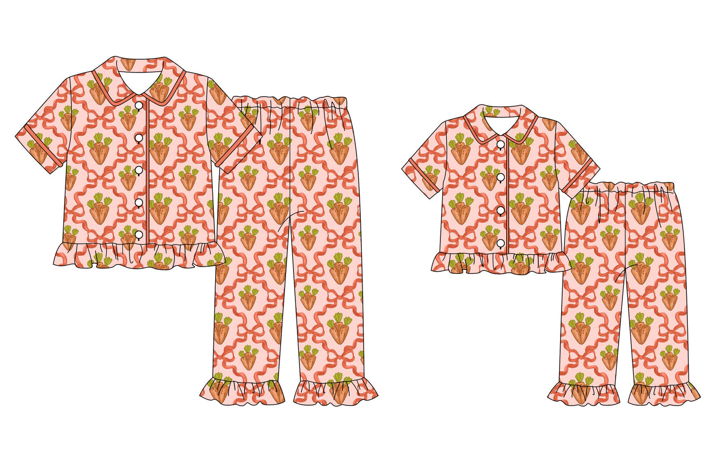 25.9.18 custom each style moq 5eta 4-6week Sibling Sister carrot bow baby short sleeve pants sets and adult sets match design