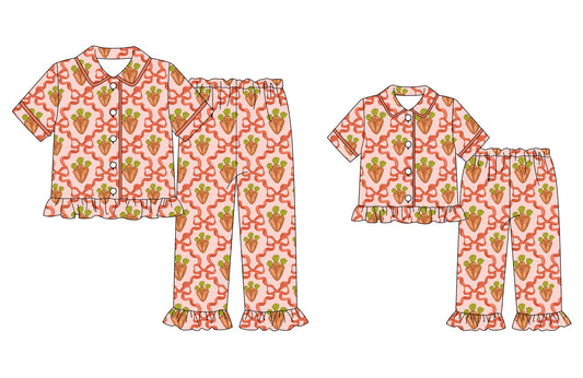 25.9.18 custom each style moq 5eta 4-6week Sibling Sister carrot bow baby short sleeve pants sets and adult sets match design