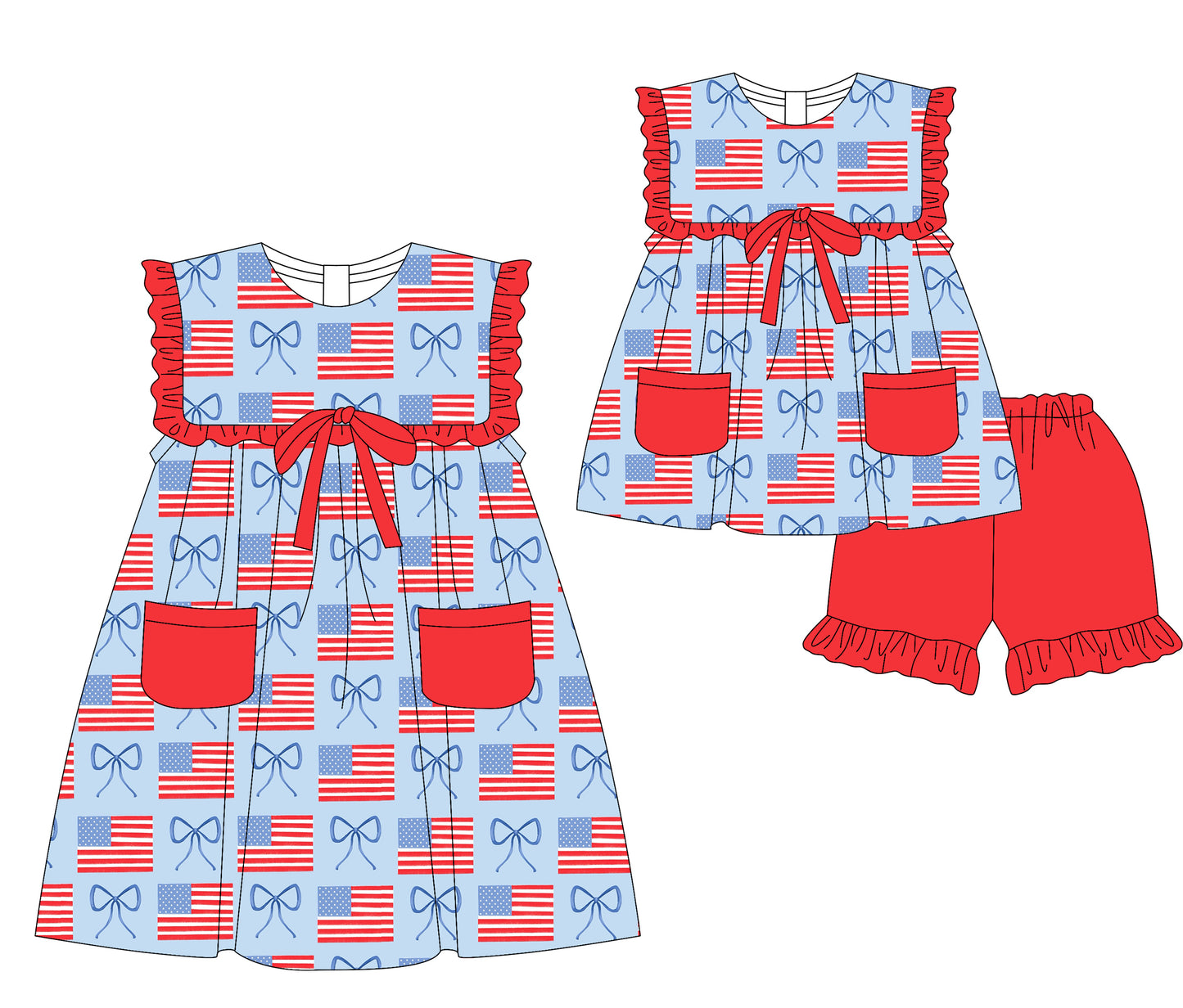 3.18 custom each style moq 5eta 4-6week Sibling Sister bow flag baby girl short sleeve shorts sets and dresses match design