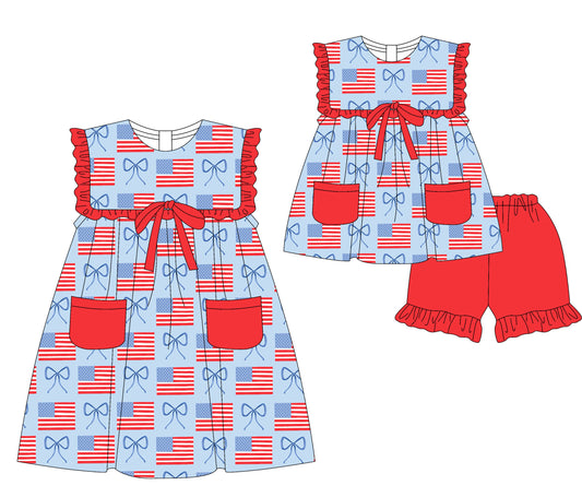 3.18 custom each style moq 5eta 4-6week Sibling Sister bow flag baby girl short sleeve shorts sets and dresses match design