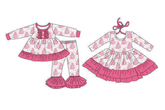 25.7.21 custom each style moq 5eta 4-6week Sibling Sisters Christmas trees pink baby girl long sleeve pants sets and dress match family design