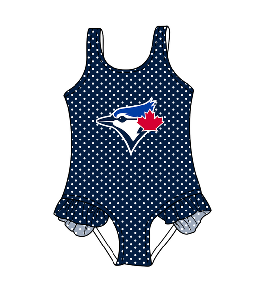 Custom moq 5 mix size milk silk summer teams Navy Blue Baby Girl Sleeveless Polka Dot Lace Onesie Swimsuit Cute Summer Beachwear for Little Girls