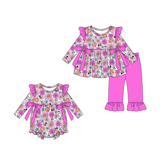 25.5.13 custom each style moq 5eta 4-6week Sibling Sisters pumpkin floral baby girl long sleeve pants sets and rompers match family design