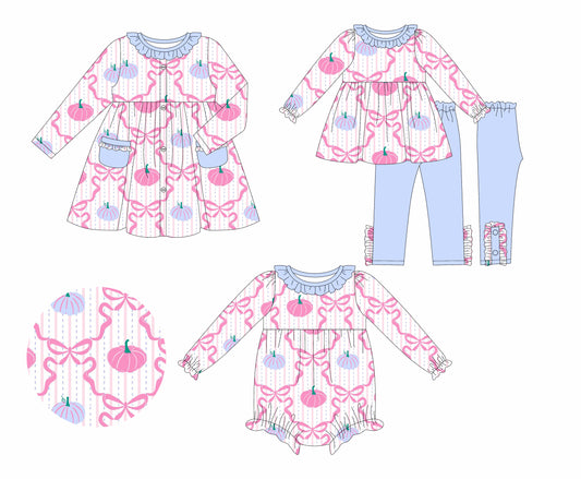 25.6.3 custom each style moq 5eta 4-6week Sibling Sisters pumpkin bow baby girl long sleeve pants sets and dress and rompers match family design