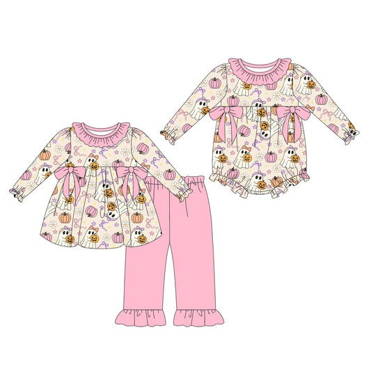 25.8.6 custom each style moq 5eta 4-6week Sibling Sister pumpkin ghost bow baby girl long sleeve pants sets and rompers match family design