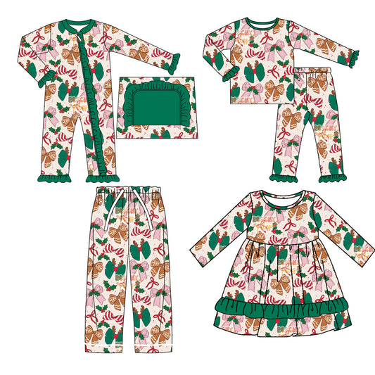 25.5.12 custom each style moq 5eta 4-6week Sibling Sisters Christmas bow green baby girl long sleeve pants sets and romper and dress and adult pants match family design