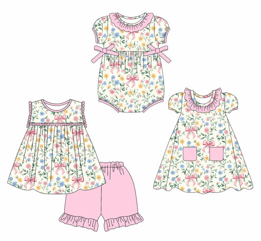 2.15 custom each style moq 5eta 4-6week Sibling Sisters bow floral baby girl short sleeve shorts sets and dress and rompers match family design