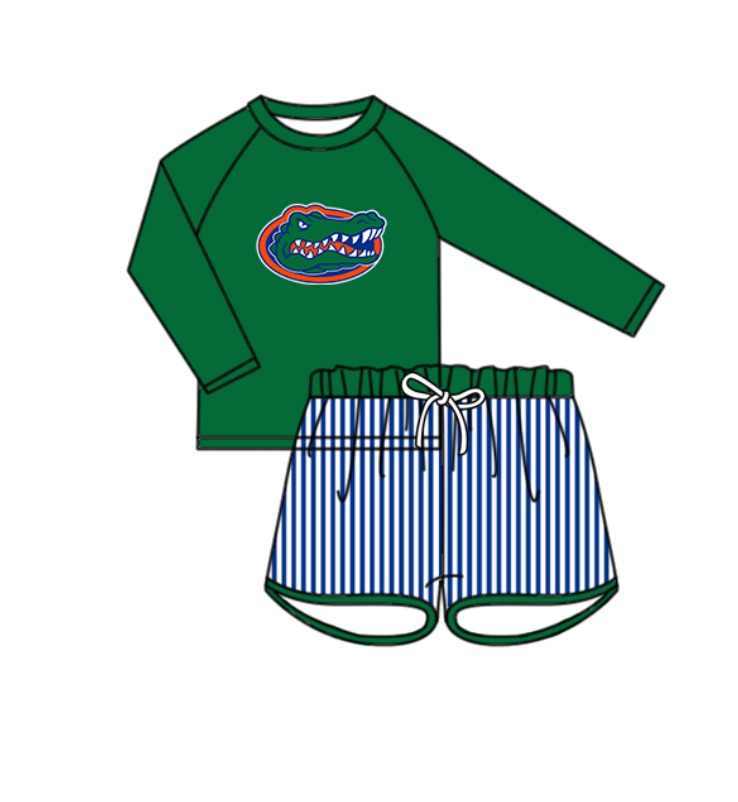 Custom moq 5 mix size milk silk summer teams baby girl boys clothes Green Two-Piece Swimsuit Set One Piece Swimsuits boy swim trunks